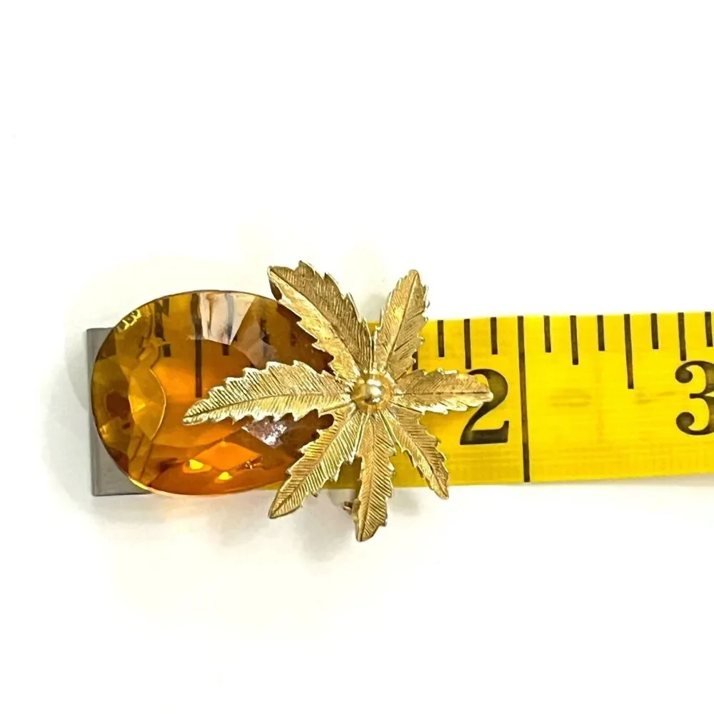 Mid Century Sarah Coventry Gold Tone Amber Glass Leaf Brooch Statement Pin